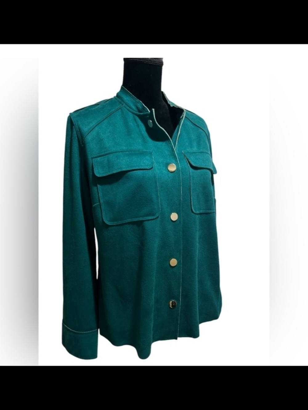 Chico's Teal Green Faux Suede Jacket with Gold Buttons